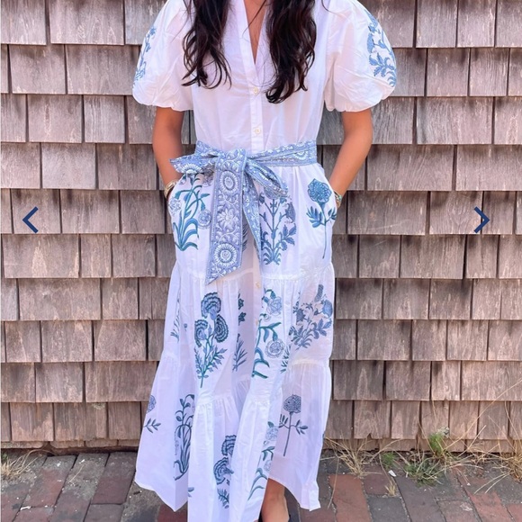 Erica Wilson Dresses & Skirts - White Maxi Dress with Blue Floral Embroidery and Waist Tie